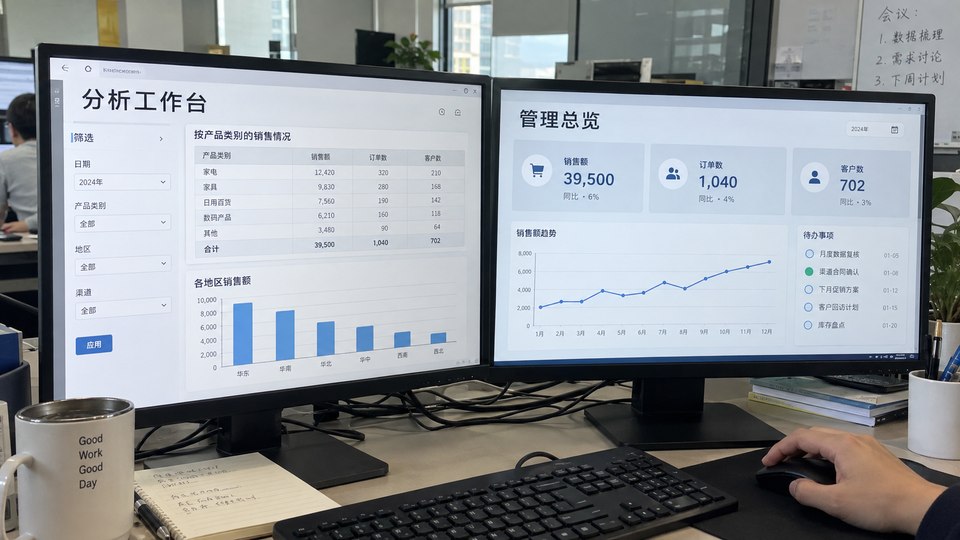 An analysis workspace for filtering and detail on the left, and a management overview for key metrics and tasks on the right