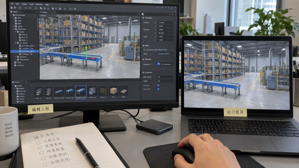 Editable project with object and property panels beside the runtime result