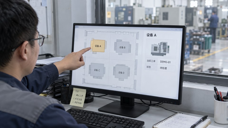 An operator views device locations alongside a work-order status on a factory screen