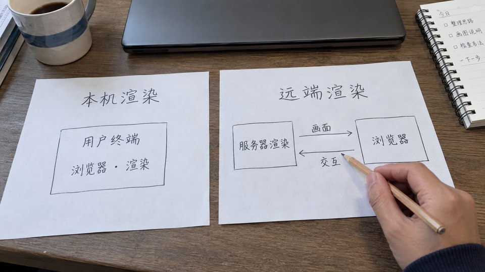 Comparison of local-device and remote-server rendering paths