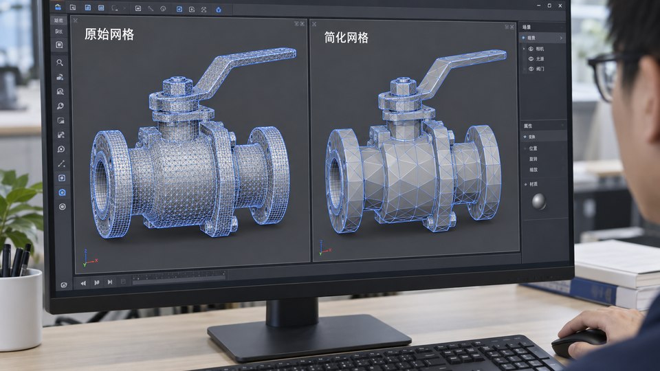 Original and simplified valve meshes, retaining the outline, connections, and operating parts