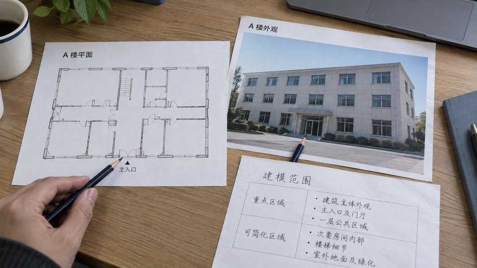 Floor plan, site photos, and priority-area notes aligned before 3D modeling