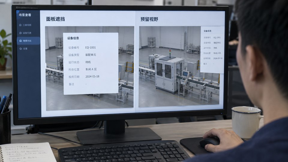 Example comparing the viewing areas of a 3D scene and UI panels