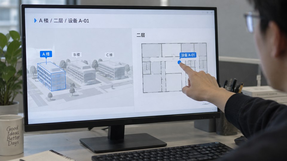 从园区楼栋进入楼层与设备点位的空间定位示例