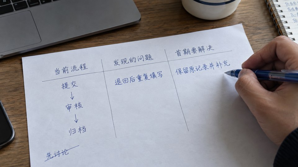 A handwritten sheet comparing the current process, observed problems and the first changes to make