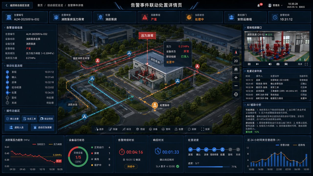 UE5 数字孪生告警事件联动处置详情页，展示压力异常、现场视频、处置流程和告警趋势