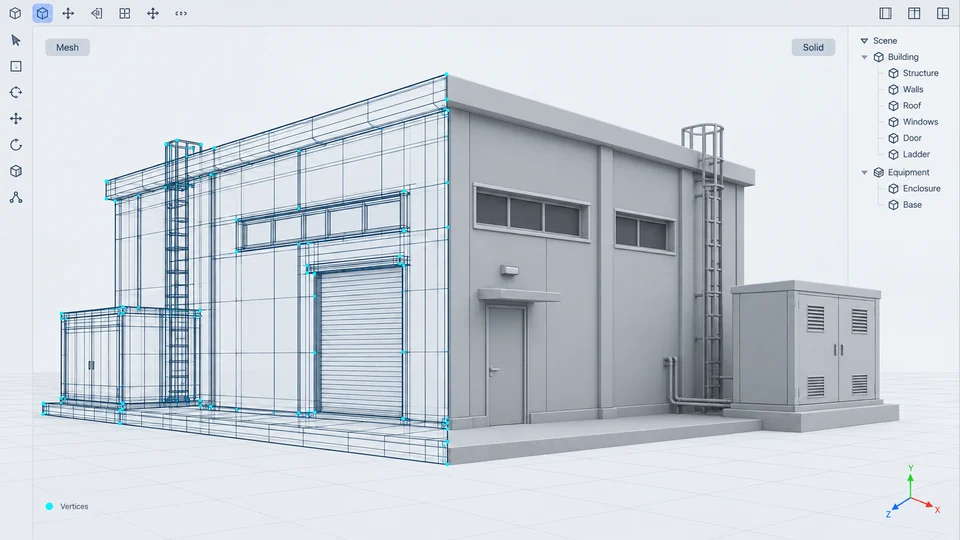 三维建模示意：建筑和设备的线框、顶点与实体模型