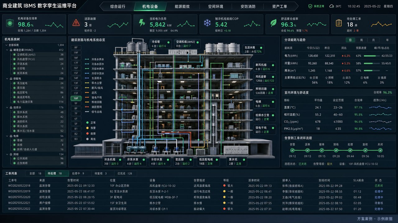 商业建筑 IBMS 机电设备界面，展示专业系统树、建筑管线、设备状态、分项能耗、环境指标和告警工单流程