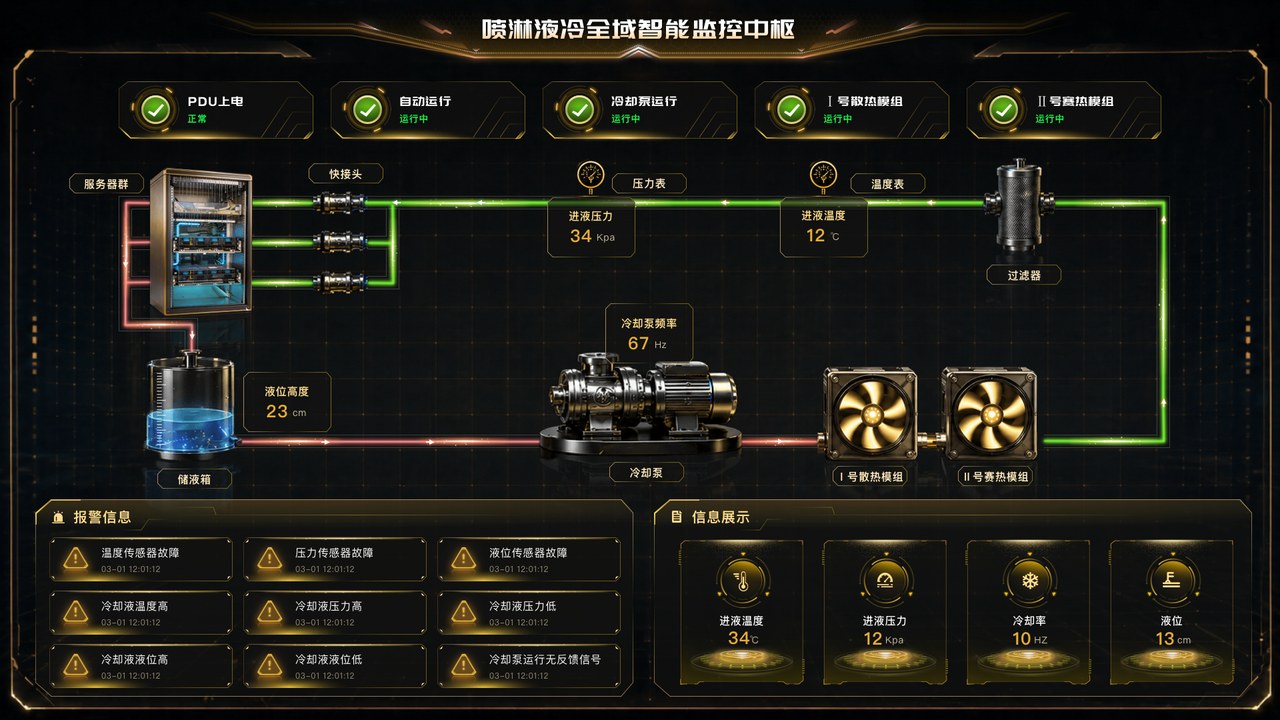 数据中心液冷智能监控平台页面，展示服务器群、储液箱、冷却泵、散热模组、过滤器、压力温度液位和告警信息