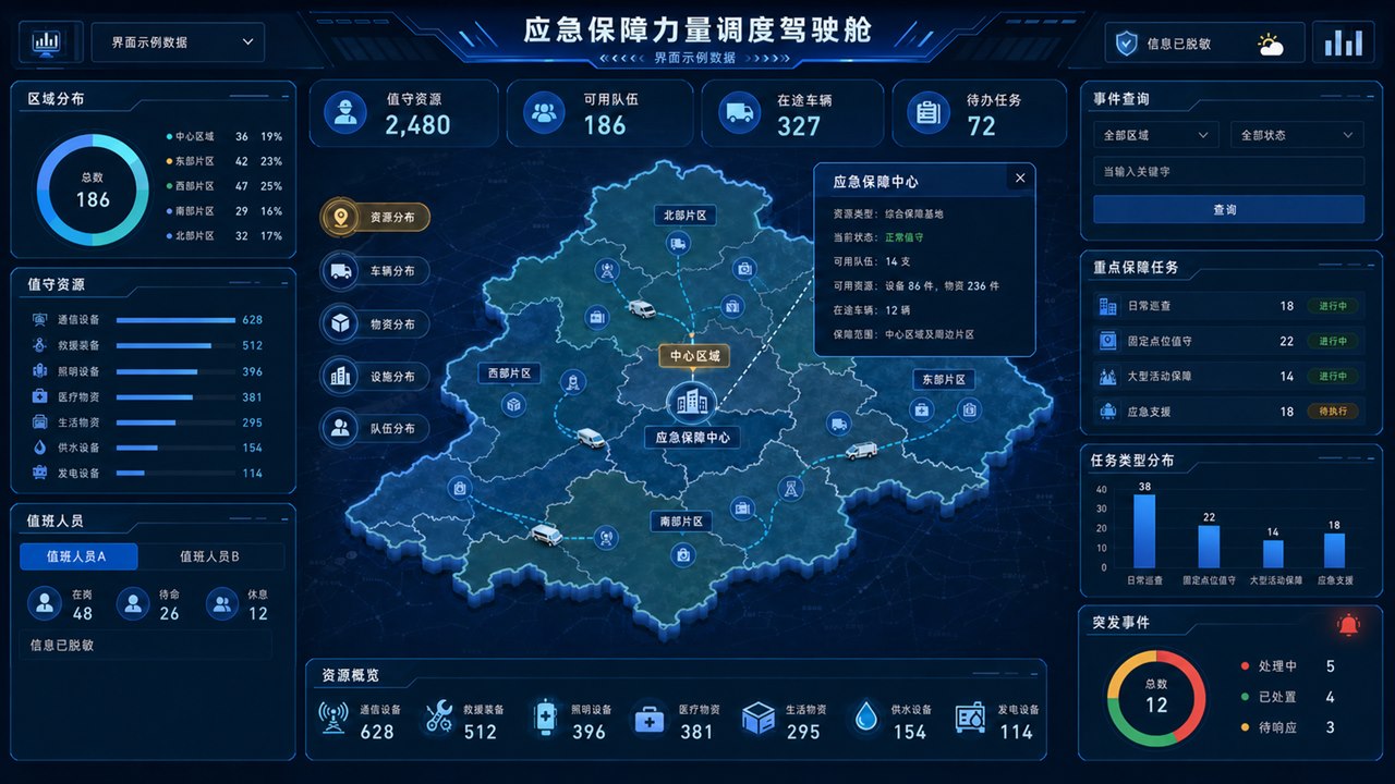 应急保障力量调度驾驶舱脱敏界面，展示抽象区域地图、值守资源、队伍车辆、物资设施、重点任务和突发事件趋势