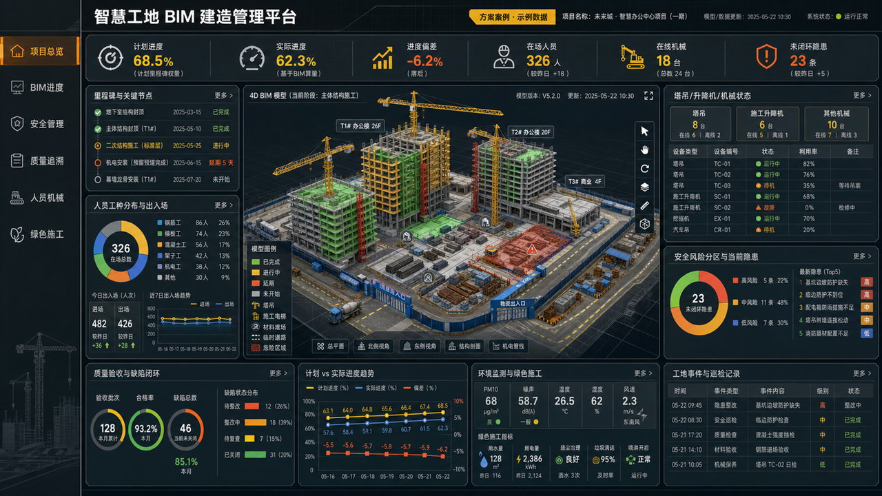 智慧工地 BIM 建造管理平台项目总览，展示施工模型、计划与实际进度、在场人员、机械设备、安全隐患、质量和环境状态