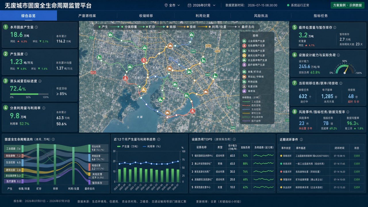 无废城市固废全生命周期监管平台综合总览,展示产废源、收储转移、运输路线、利用处置、设施负荷、生命周期流向和风险事件