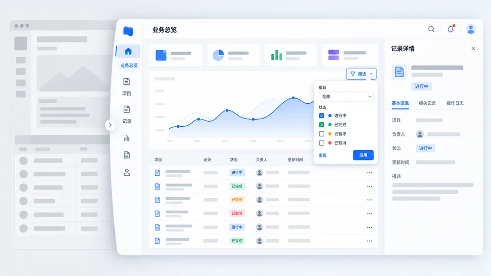 UI设计能力示意：从布局线框到企业业务界面及筛选、详情状态