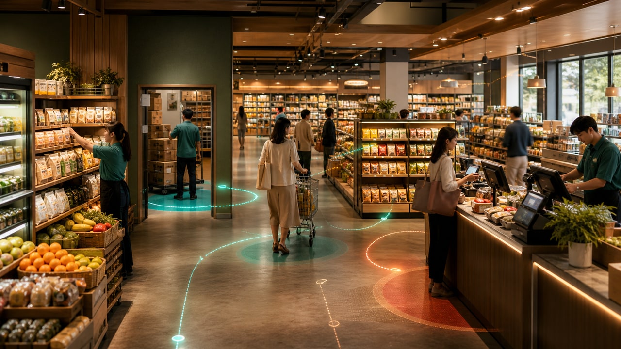 连锁零售经营场景示意，包含门店货架、收银、补货和顾客动线