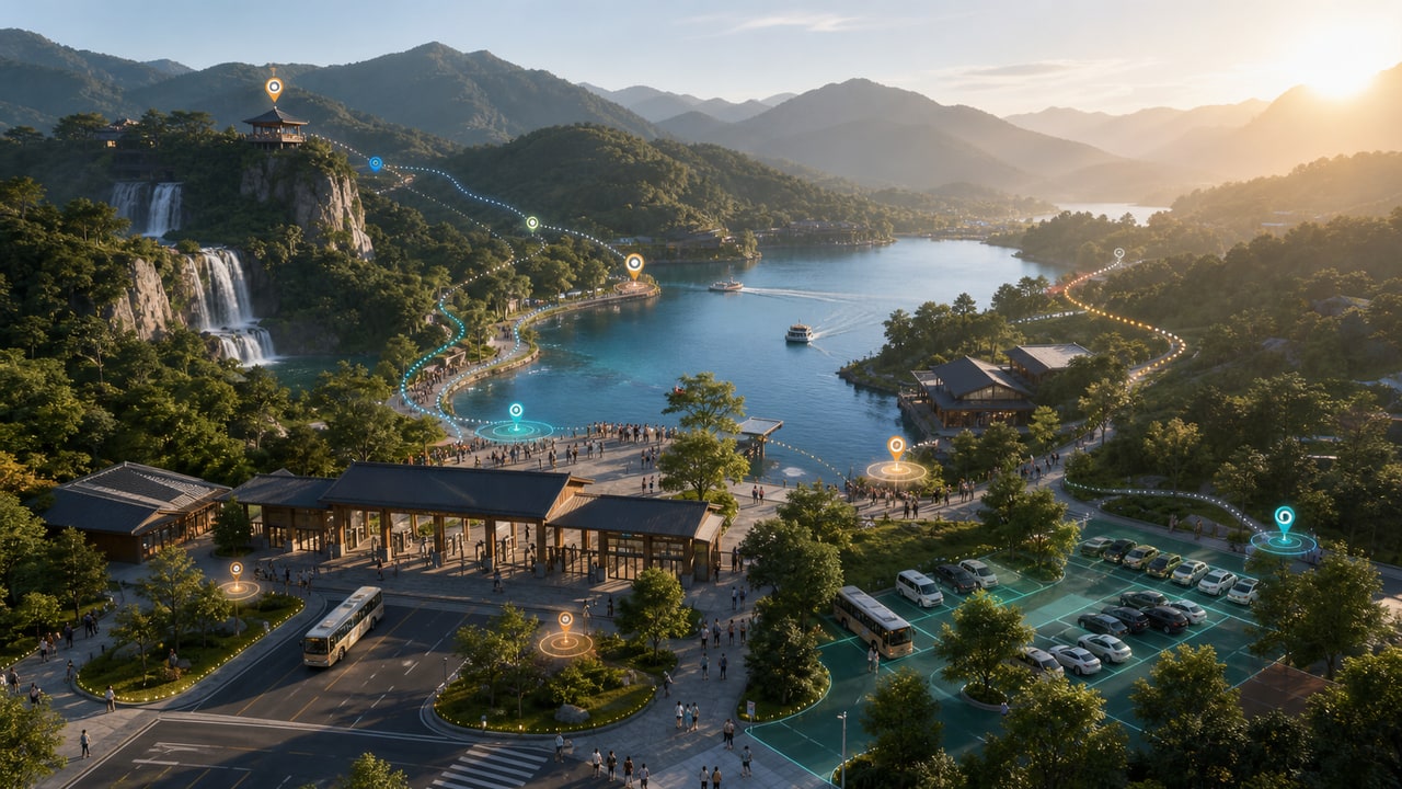 智慧景区文旅运营场景示意,包含景区游线、票务入口、接驳停车和游客服务设施